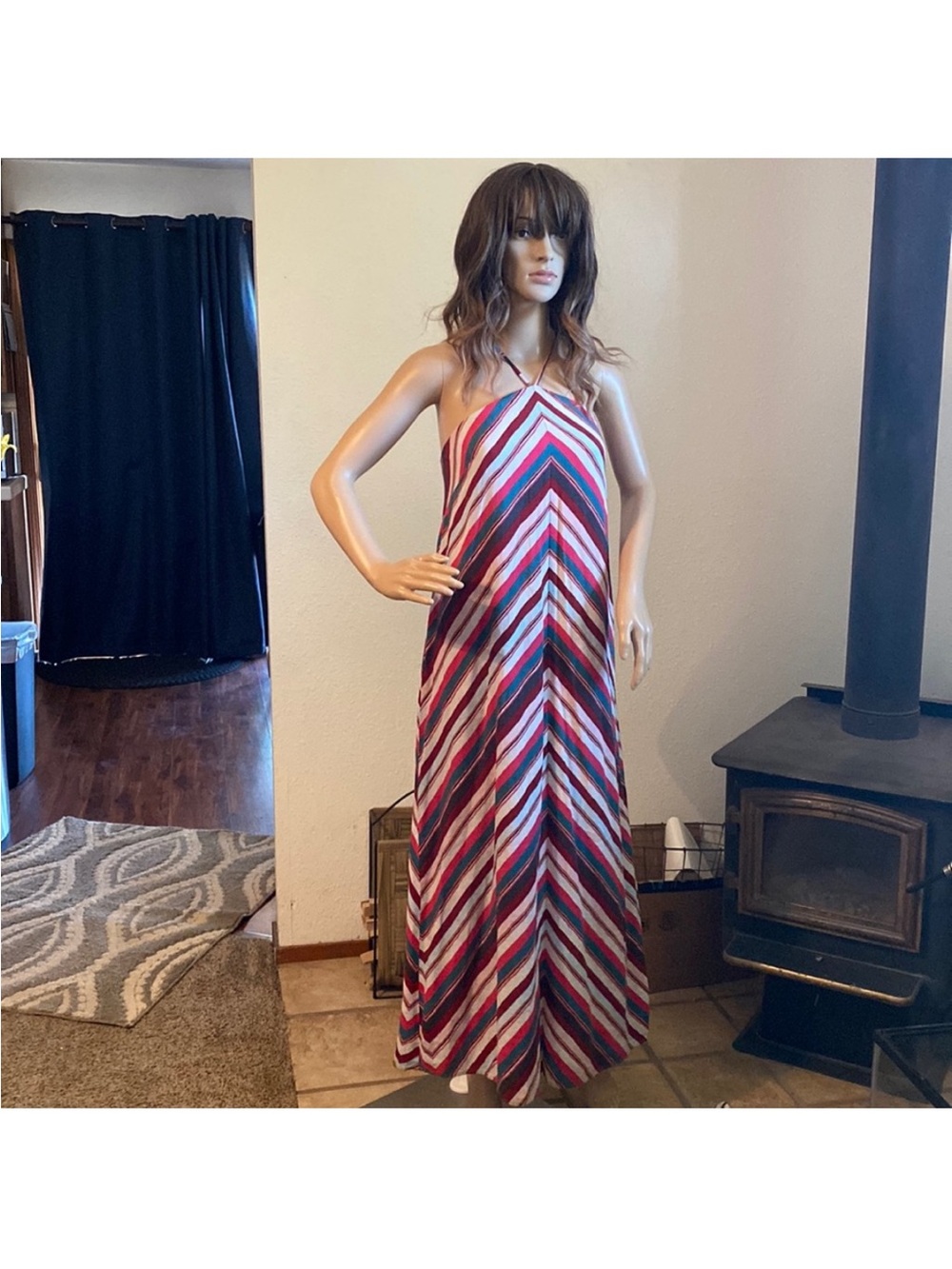 LOFT Striped Maxi Dress in Burgundy, Teal & Cream